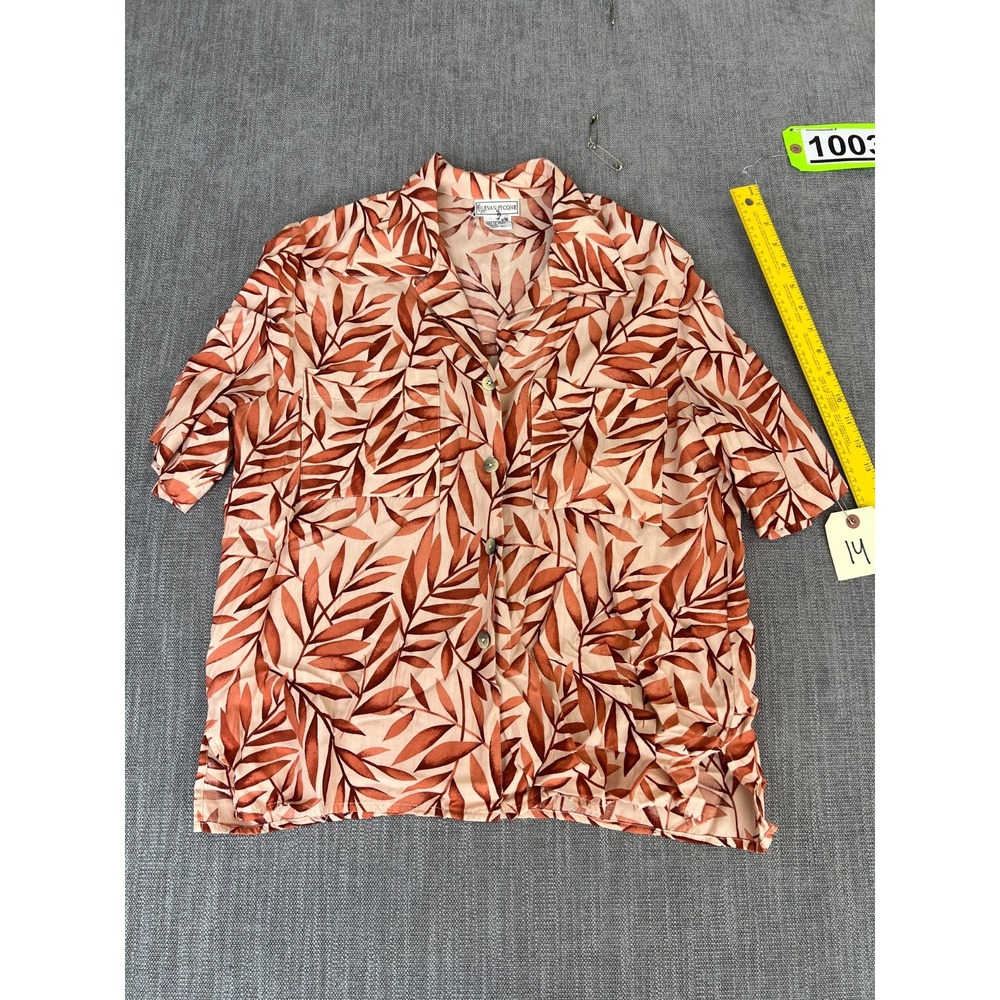 Vintage Evan Picone Shirt Top Womens 14 Peach Terracotta Leaf Print Button Up
